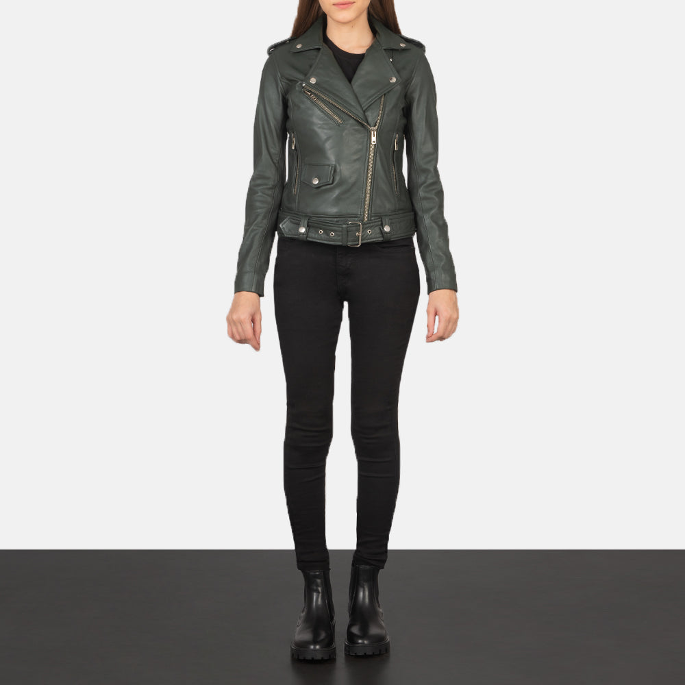 Women's Alison Groen Leren Bikerjack voor Dames - Lateral Side Profile View Showing Sleeve Cut &amp; Athletic Taper Fit