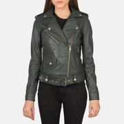 Close-Up Detail of Notch &amp; Zipper Hardware on Women's Alison Groen Leren Bikerjack voor Dames