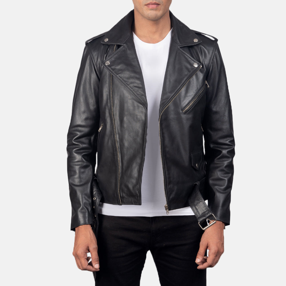 
Allaric Alley Black Leather Biker Jacket in Black Cowhide Leather - Vooraanzicht & getailleerd silhouet | Online kopen