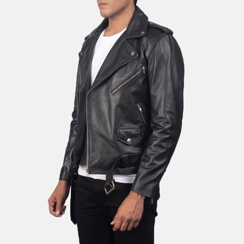 
Black Cowhide Leather Biker Jacket - Achteraanzicht met getailleerde schouders & strakke zoom