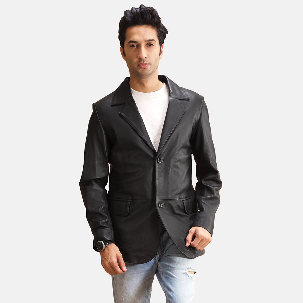 Alyson Zwart Leren Leren Blazer voor Heren in Black Sheepskin Leather - Front Profile View &amp; Tailored Silhouette | Buy Online