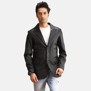 Alyson Zwart Leren Leren Blazer voor Heren in Black Sheepskin Leather - Front Profile View &amp; Tailored Silhouette | Buy Online