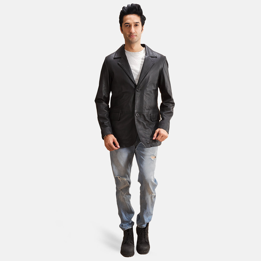 Alyson Zwart Leren Leren Blazer voor Heren - Lateral Side Profile View Showing Sleeve Cut &amp; Athletic Taper Fit