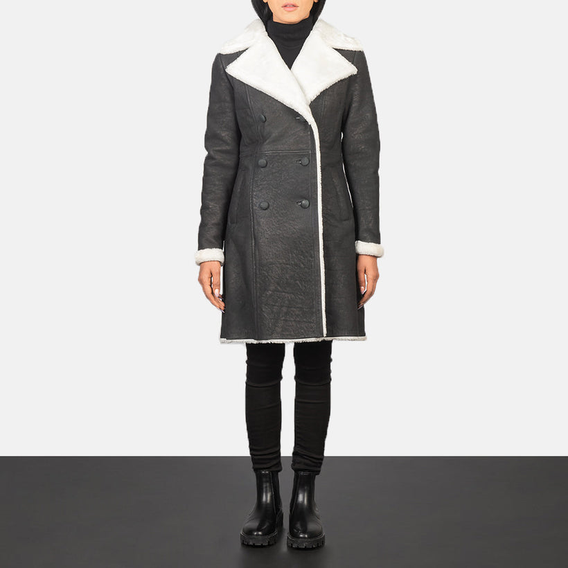 Amie Zwart Double-Breasted Shearling Leren Jas voor Dames