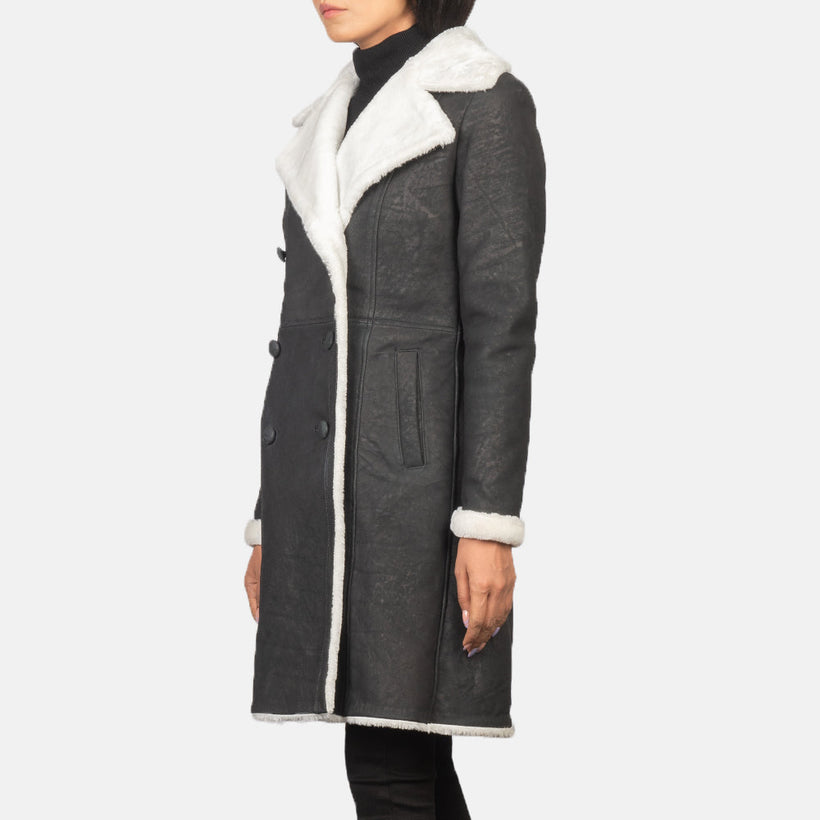 Amie Zwart Double-Breasted Shearling Leren Jas voor Dames