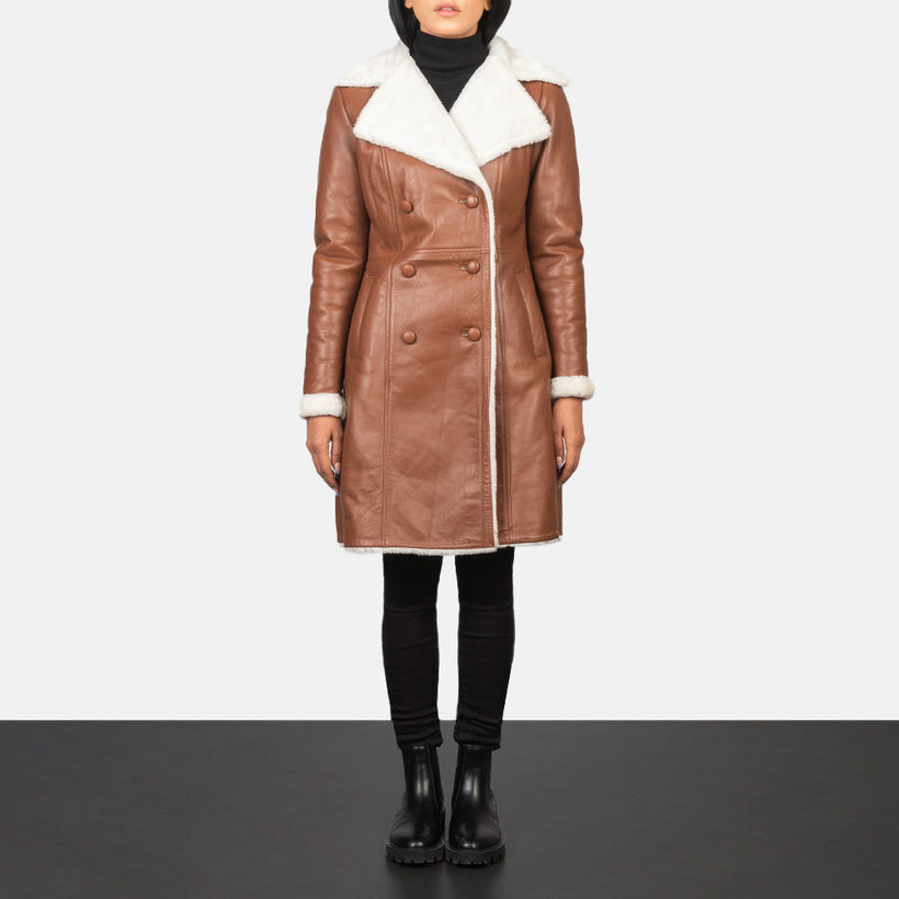 Amie Bruin Double-Breasted Shearling Leren Jas voor Dames