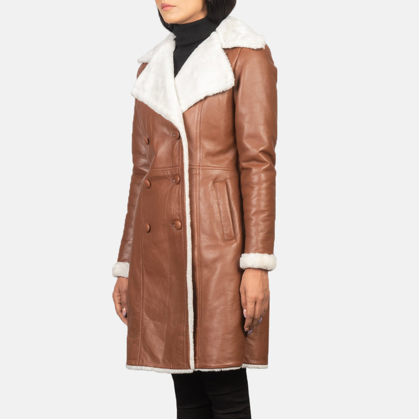 Amie Bruin Double-Breasted Shearling Leren Jas voor Dames