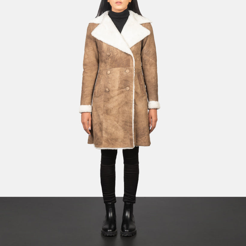 Amie Distressed Bruin Double-Breasted Shearling Leren Jas voor Dames
