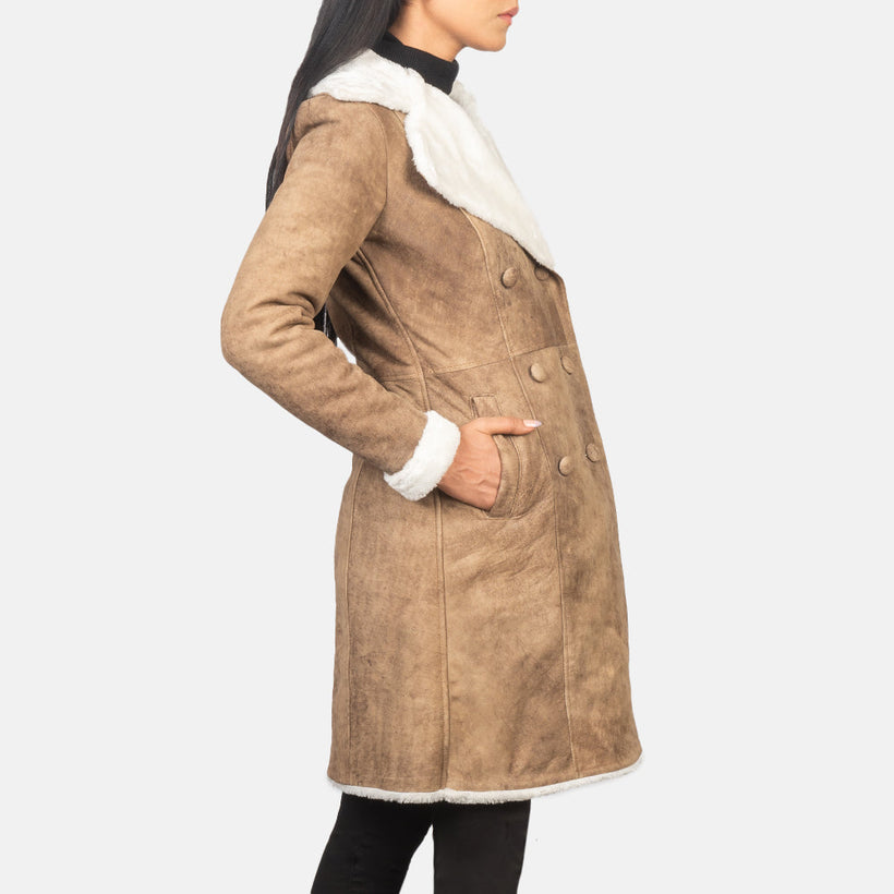Amie Distressed Bruin Double-Breasted Shearling Leren Jas voor Dames