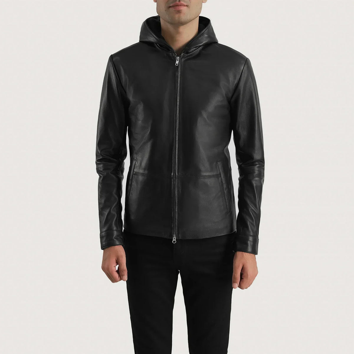 Men's Andy Matte Zwart Hooded Leren Jas voor Heren in Matte Black Sheepskin Leather - Front Profile View &amp; Tailored Silhouette | Buy Online