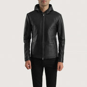 Men's Andy Matte Zwart Hooded Leren Jas voor Heren in Matte Black Sheepskin Leather - Front Profile View &amp; Tailored Silhouette | Buy Online