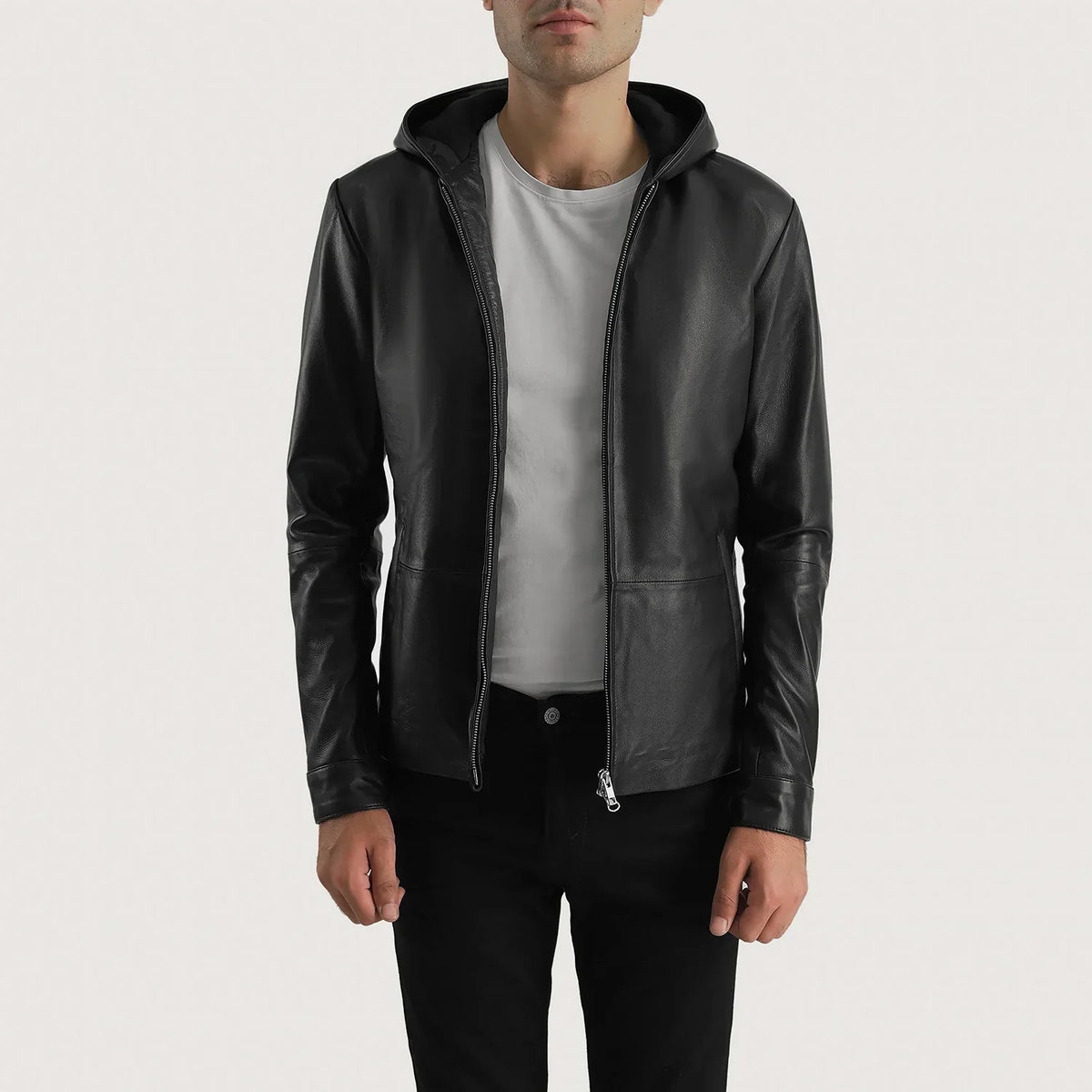 Men's Andy Matte Zwart Hooded Leren Jas voor Heren - Lateral Side Profile View Showing Sleeve Cut &amp; Athletic Taper Fit