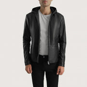 Men's Andy Matte Zwart Hooded Leren Jas voor Heren - Lateral Side Profile View Showing Sleeve Cut &amp; Athletic Taper Fit