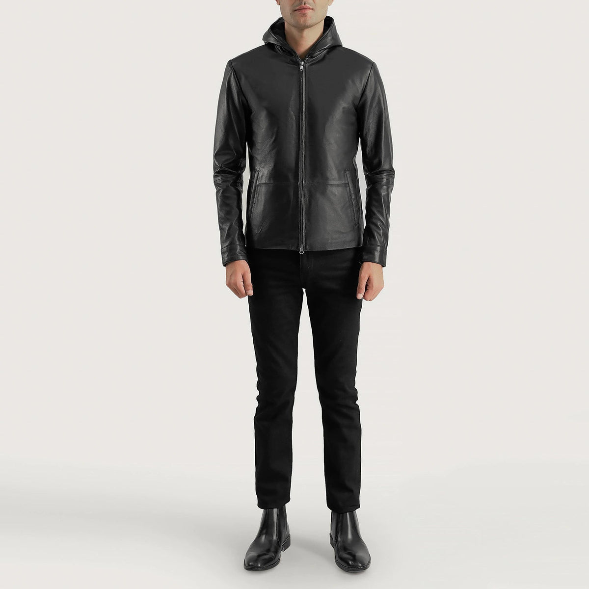 Close-Up Detail of Hooded &amp; Zipper Hardware on Men's Andy Matte Zwart Hooded Leren Jas voor Heren