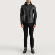 Close-Up Detail of Hooded &amp; Zipper Hardware on Men's Andy Matte Zwart Hooded Leren Jas voor Heren