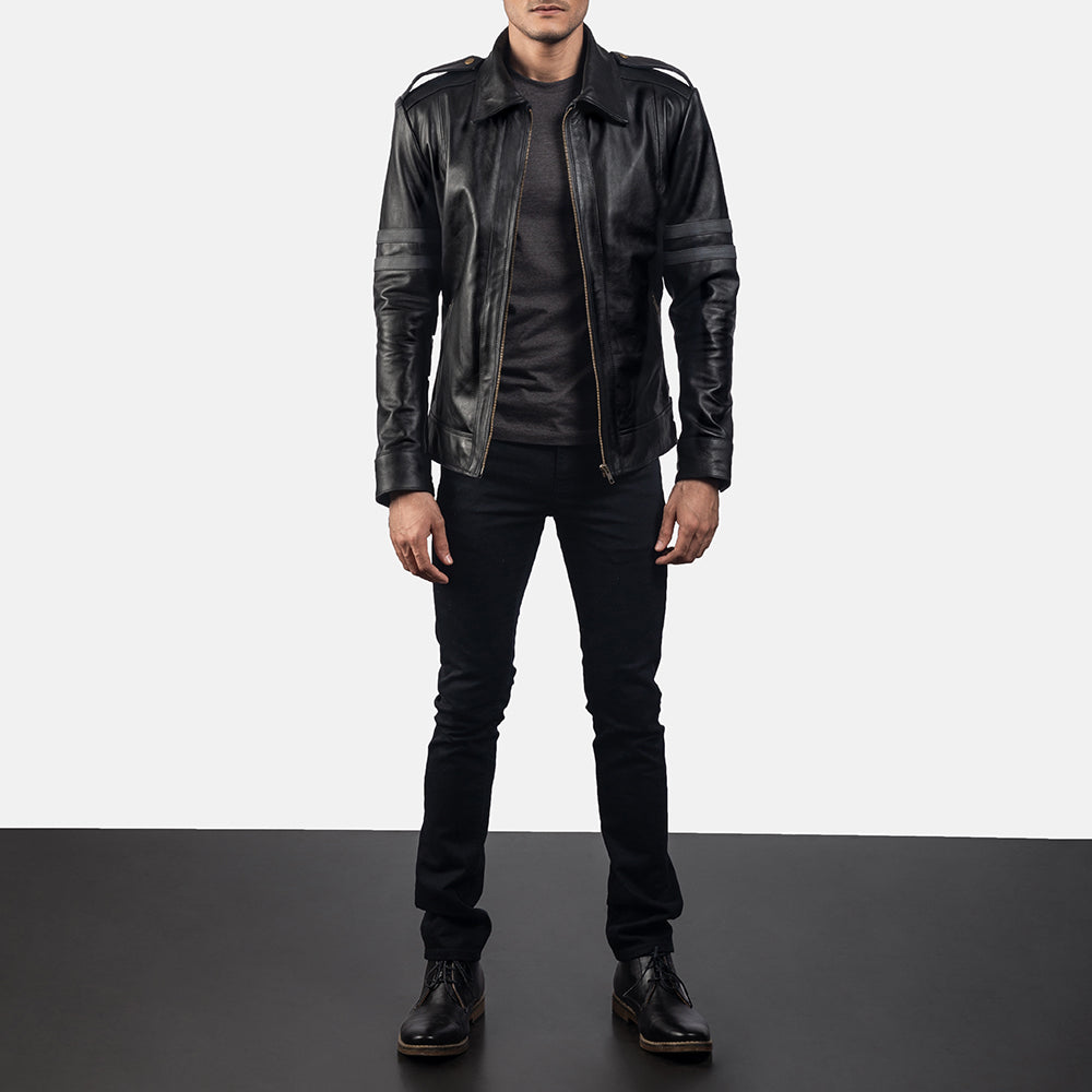 Armstrong Zwart Leren Bikerjack voor Heren - Lateral Side Profile View Showing Sleeve Cut &amp; Athletic Taper Fit