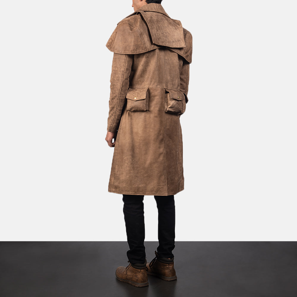 Men's Army Bruin Leather Duster voor Heren - Lateral Side Profile View Showing Sleeve Cut &amp; Athletic Taper Fit
