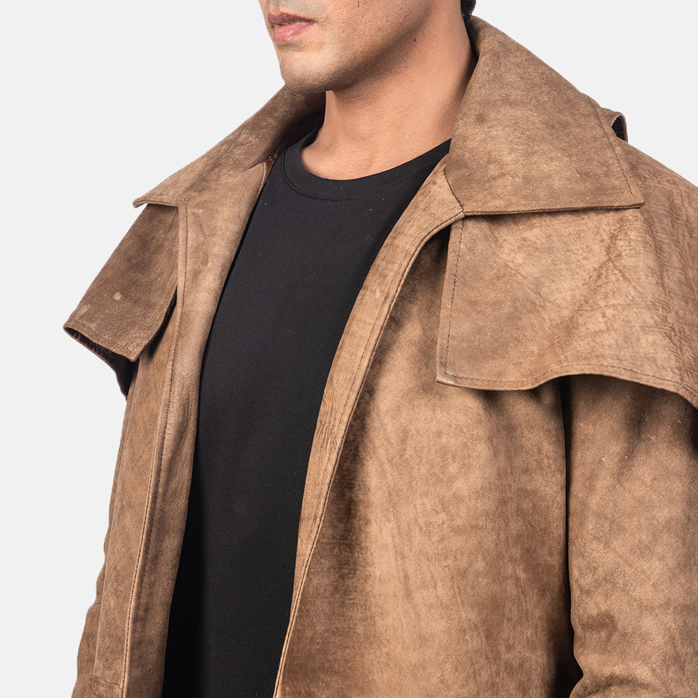 Close-Up Detail of Classic Collar &amp; Heavy-Duty Zipper Hardware on Men's Army Bruin Leather Duster voor Heren