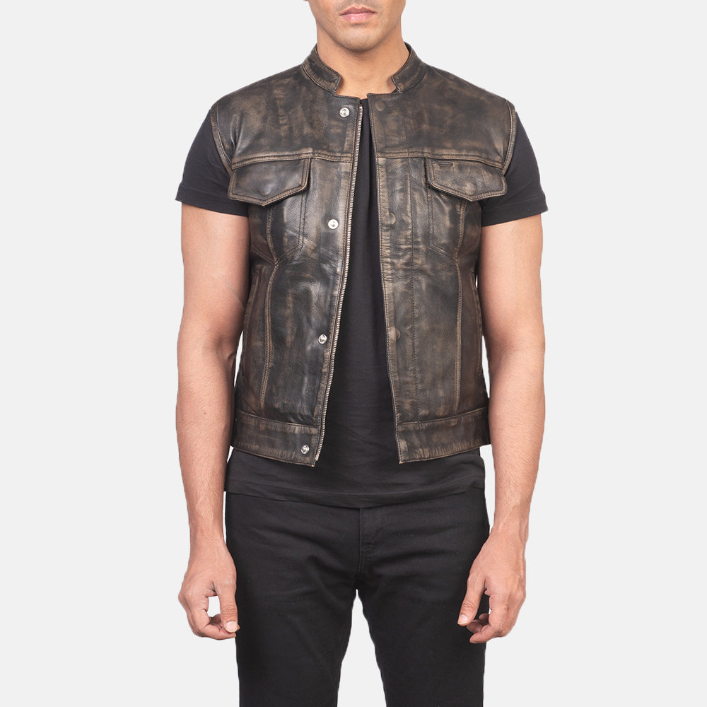 
Atlas Moto Distressed Bruin Leren Gilet voor Heren in Distressed Brown Sheepskin Leather - Vooraanzicht & getailleerd silhouet | Online kopen