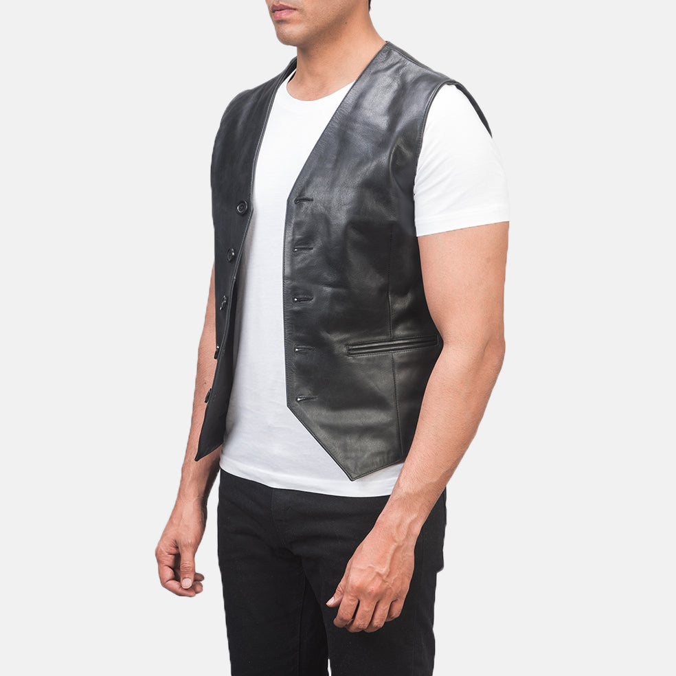 
Black Cowhide leather Vest - Achteraanzicht met getailleerde schouders & strakke zoom