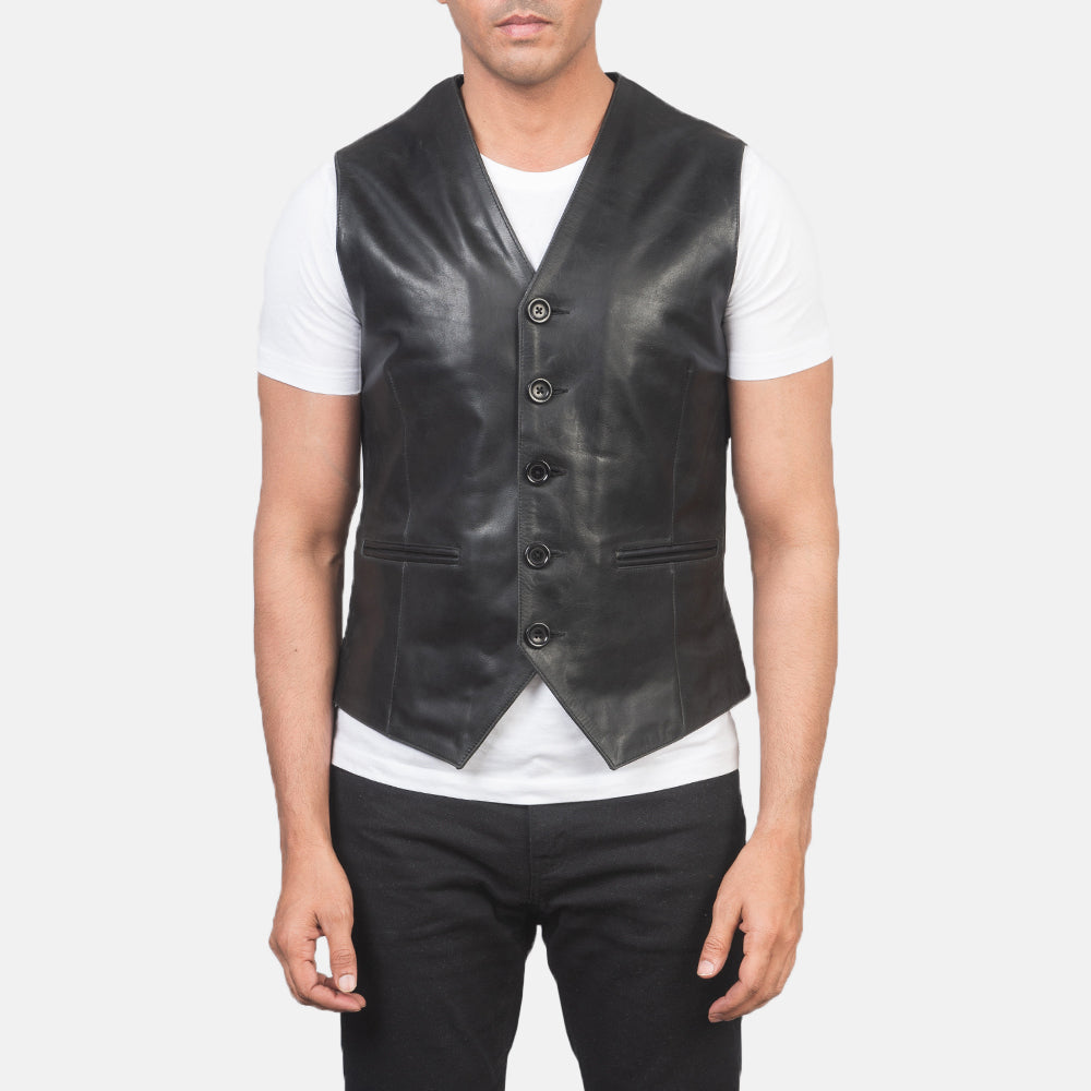 
Detailopname of Classic Collar & 5 Button Hardware on Auden Zwart Leren Gilet voor Heren