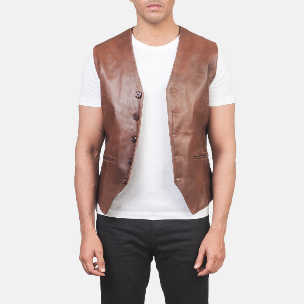 Men's Auden Bruin Leren Gilet voor Heren in Brown Cowhide Leather - Front Profile View &amp; Tailored Silhouette | Buy Online