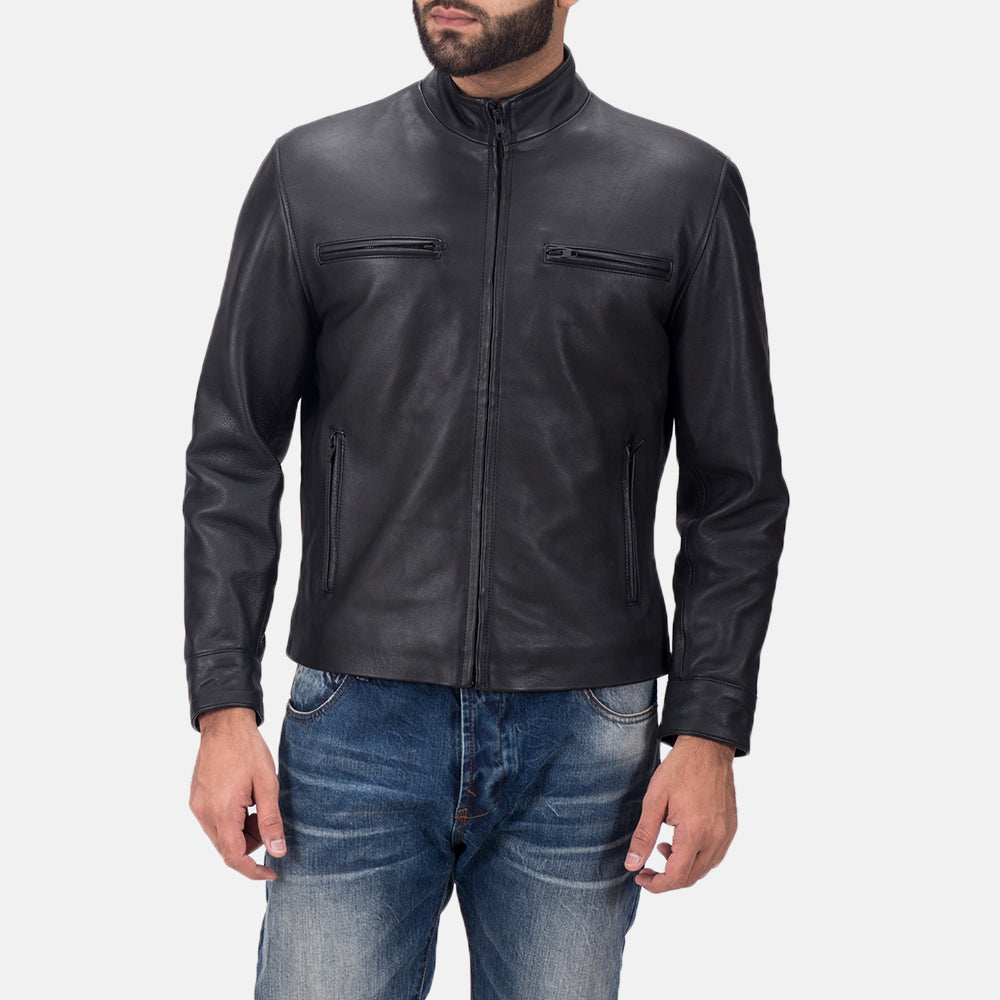 
Austere Matte Zwart Leren Bikerjack voor Heren in Black Calfskin Matte - Vooraanzicht & getailleerd silhouet | Online kopen