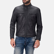 
Austere Matte Zwart Leren Bikerjack voor Heren in Black Calfskin Matte - Vooraanzicht & getailleerd silhouet | Online kopen