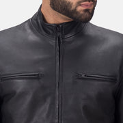 
Detailopname of High neck & Zipper Hardware on Austere Matte Zwart Leren Bikerjack voor Heren