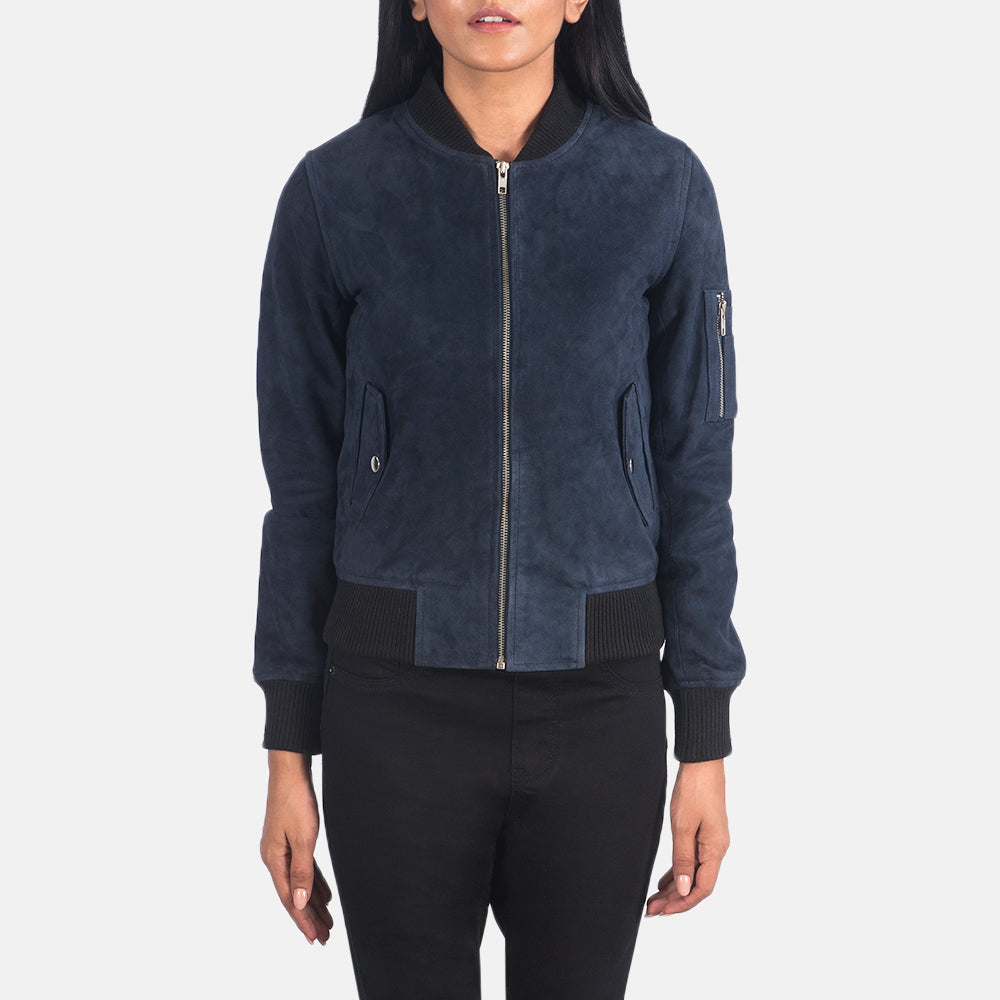 
Detailopname of Rib Knit & Zipper Hardware on Ava Ma-1 Blue Suede Bomber Jacket