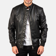 
Avan Black Leather Bomber Jacket in Black Cowhide (Torso) &Amp; Goatskin (Sleeves) Leather - Vooraanzicht & getailleerd silhouet | Online kopen
