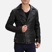 Men's Zwart Studded Leren Bikerjack voor Heren in Black Sheepskin Leather - Front Profile View &amp; Tailored Silhouette | Buy Online