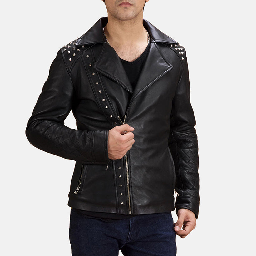 Zwart Studded Leren Bikerjack voor Heren