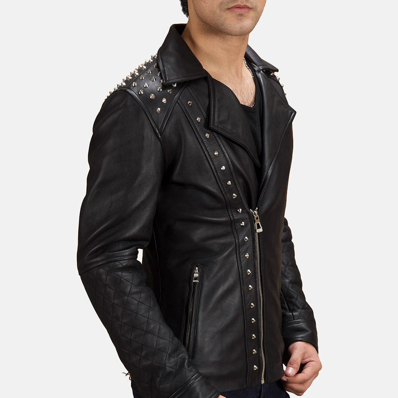 Zwart Studded Leren Bikerjack voor Heren