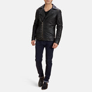 Men's Zwart Studded Leren Bikerjack voor Heren - Lateral Side Profile View Showing Sleeve Cut &amp; Athletic Taper Fit