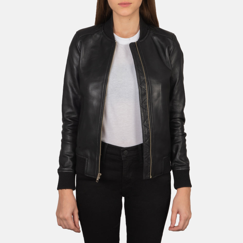 Women's Bliss Zwart Leren Bomberjack voor Dames in Black Sheepskin Leather - Front Profile View &amp; Tailored Silhouette | Buy Online