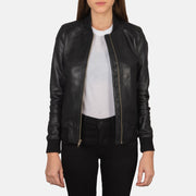 Women's Bliss Zwart Leren Bomberjack voor Dames in Black Sheepskin Leather - Front Profile View &amp; Tailored Silhouette | Buy Online