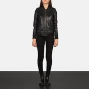 Women's Bliss Zwart Leren Bomberjack voor Dames - Lateral Side Profile View Showing Sleeve Cut &amp; Athletic Taper Fit