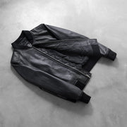 Styled Fit Perspective of Women's Bliss Zwart Leren Bomberjack voor Dames on Model - Natural Daylight Drape