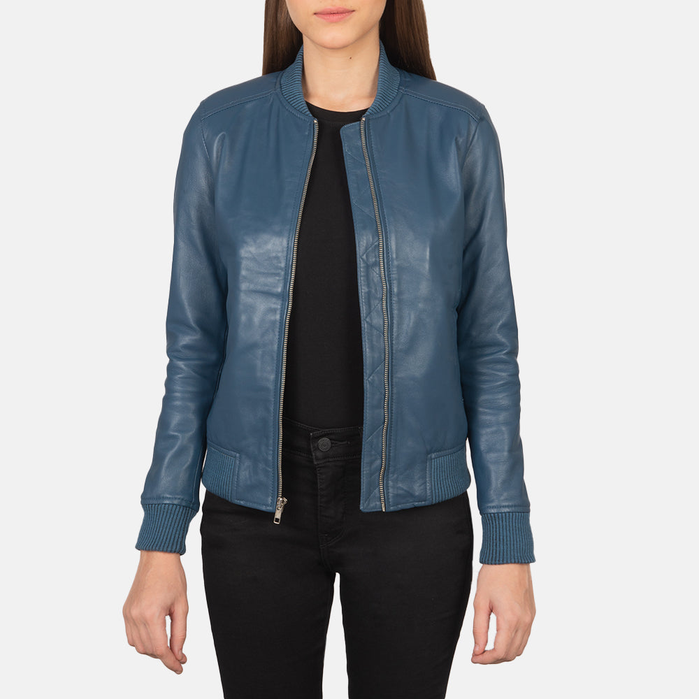 Women's Bliss Blauw Leren Bomberjack voor Dames in Blue Sheepskin Leather - Front Profile View &amp; Tailored Silhouette | Buy Online