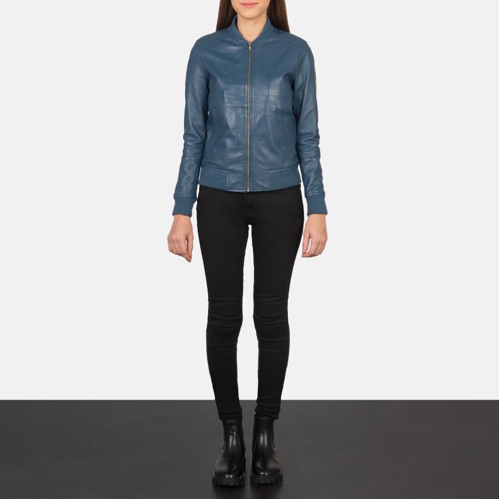 Women's Bliss Blauw Leren Bomberjack voor Dames - Lateral Side Profile View Showing Sleeve Cut &amp; Athletic Taper Fit