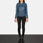 Women's Bliss Blauw Leren Bomberjack voor Dames - Lateral Side Profile View Showing Sleeve Cut &amp; Athletic Taper Fit