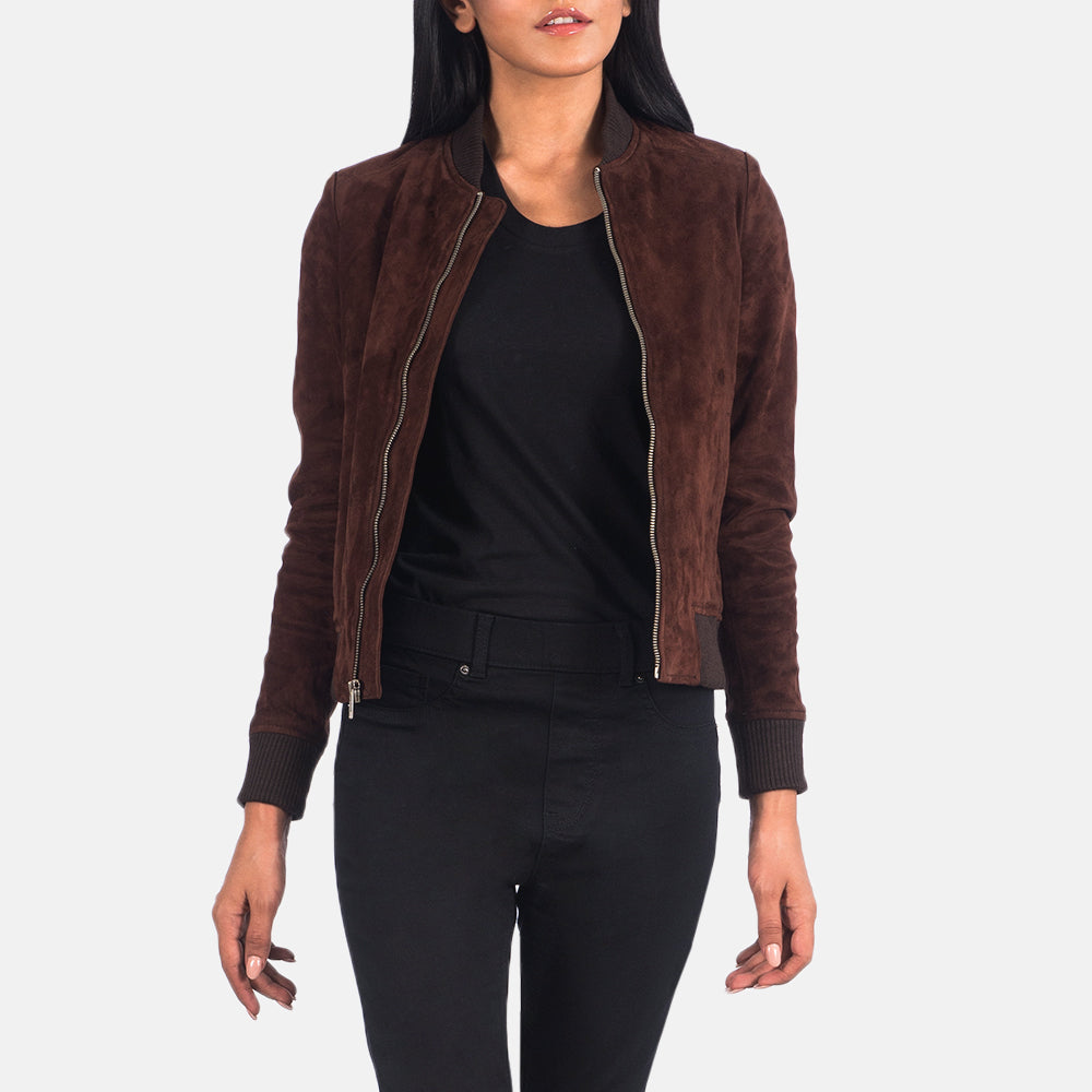 Women's Bliss Bruin Suede Leren Bomberjack voor Dames in Brown Goatskin Suede - Front Profile View &amp; Tailored Silhouette | Buy Online