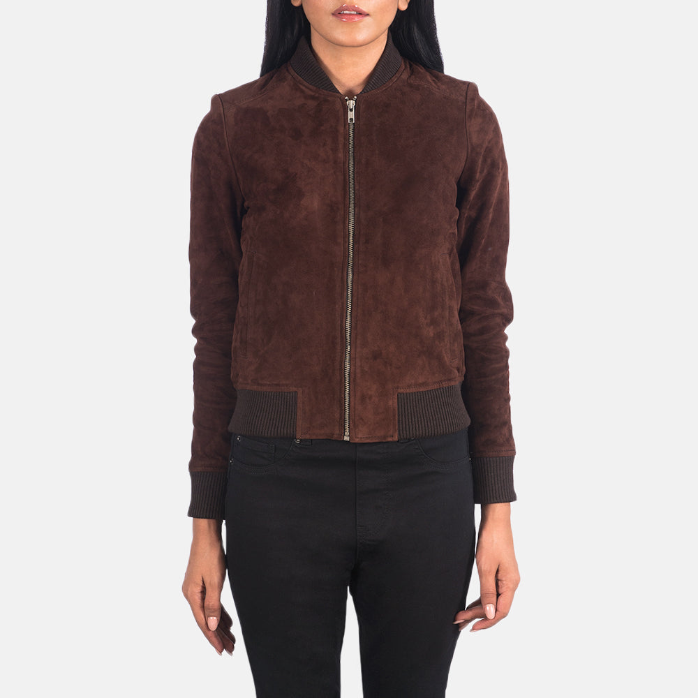 Close-Up Detail of Varsity - Rib Knit &amp; Zipper with Wind Flap Hardware on Women's Bliss Bruin Suede Leren Bomberjack voor Dames