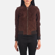 Close-Up Detail of Varsity - Rib Knit &amp; Zipper with Wind Flap Hardware on Women's Bliss Bruin Suede Leren Bomberjack voor Dames