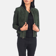 Women's Bliss Groen Suede Leren Bomberjack voor Dames in Green Goatskin Suede - Front Profile View &amp; Tailored Silhouette | Buy Online