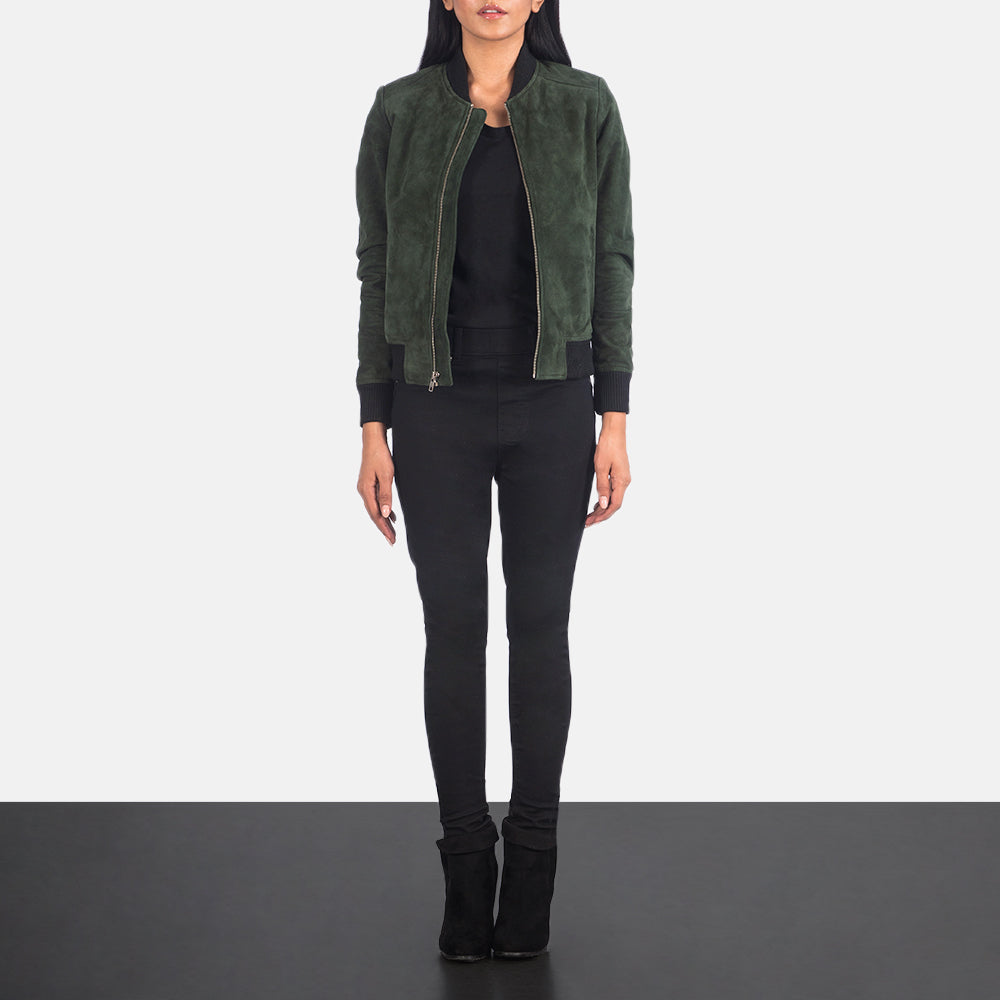 Women's Bliss Groen Suede Leren Bomberjack voor Dames - Lateral Side Profile View Showing Sleeve Cut &amp; Athletic Taper Fit