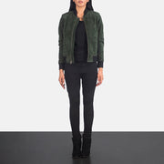 Women's Bliss Groen Suede Leren Bomberjack voor Dames - Lateral Side Profile View Showing Sleeve Cut &amp; Athletic Taper Fit