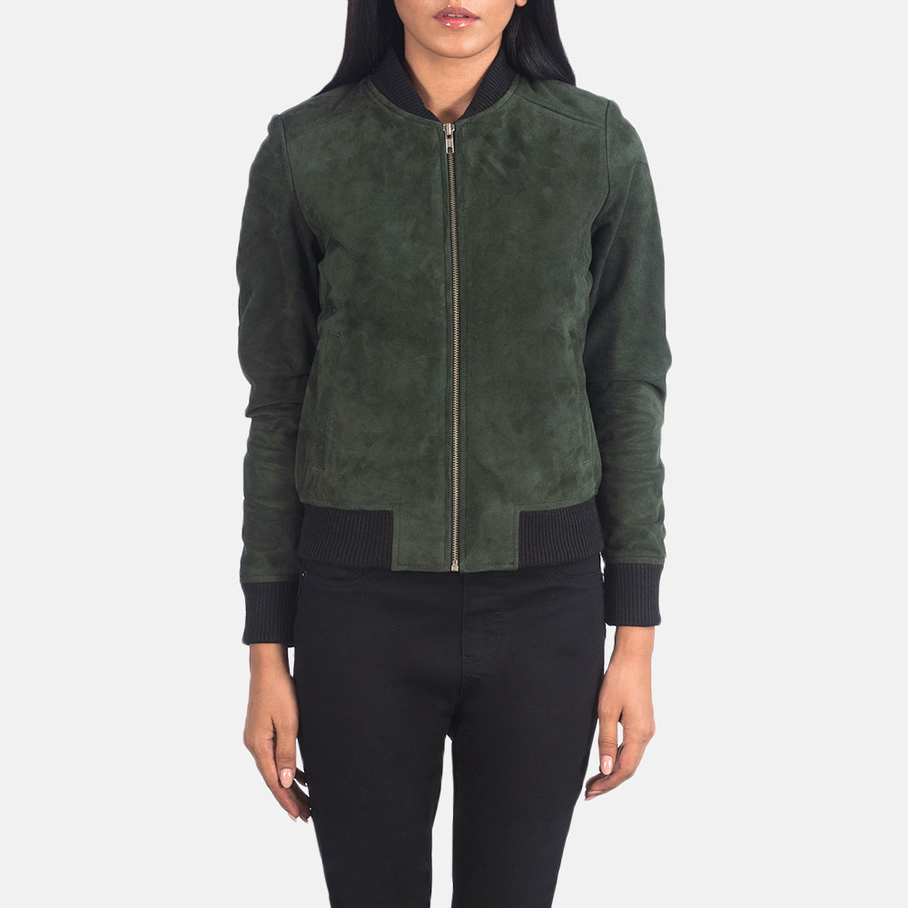 Close-Up Detail of Varsity - Rib Knit &amp; Zipper with Wind Flap Hardware on Women's Bliss Groen Suede Leren Bomberjack voor Dames