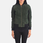 Close-Up Detail of Varsity - Rib Knit &amp; Zipper with Wind Flap Hardware on Women's Bliss Groen Suede Leren Bomberjack voor Dames